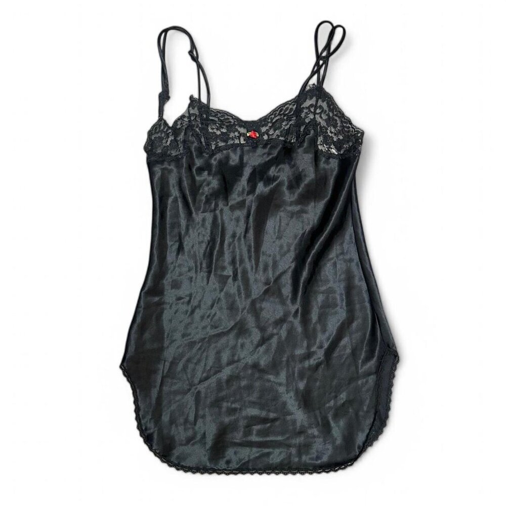 Vintage Victoria’s Secret Gold Label Black Silky Slip Dress With Rose Detail